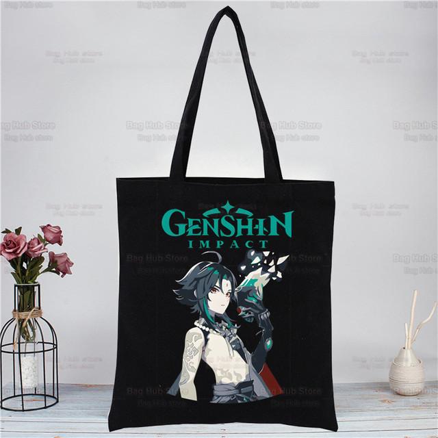 Genshin Impact Xiao аниме-игровые сумки, тканевая холщовая большая сумка, черная сумка для покупок, путешествий, женские эко-многоразовые сумки на плечо для покупок