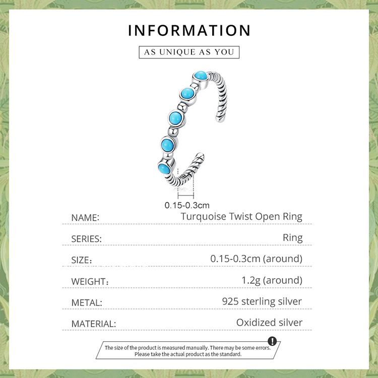 BAMOER натуральное серебро 925 пробы с бирюзой, открытое кольцо для женщин, простое стильное кольцо, ювелирное изделие, подарок