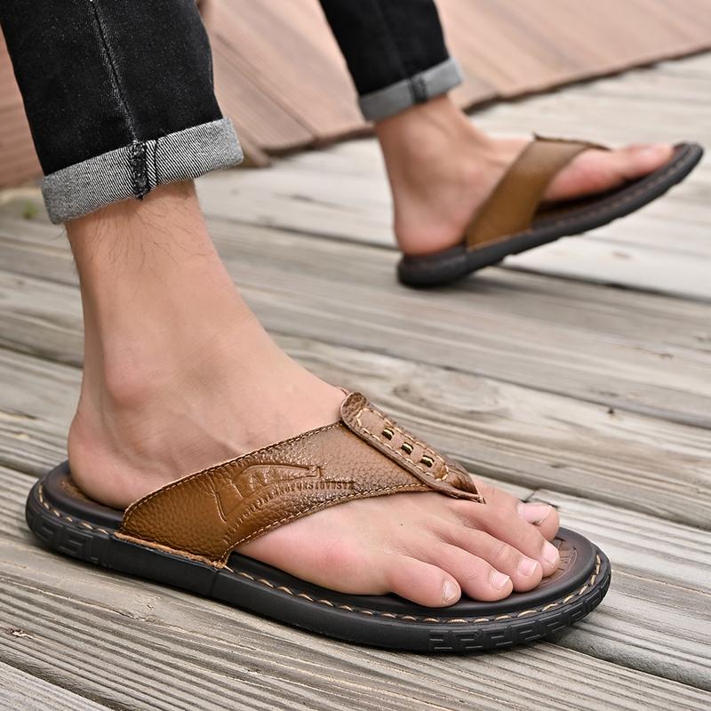 Новое поступление, летние мужские шлепанцы из натуральной кожи, противоскользящие кожаные тапочки ручной работы