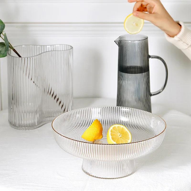 Стеклянная фруктовая ваза на ножках Высокий полосатый поднос для хранения Домашняя гостиная Украшение Креативный поднос для сухофруктов Поднос для закусок