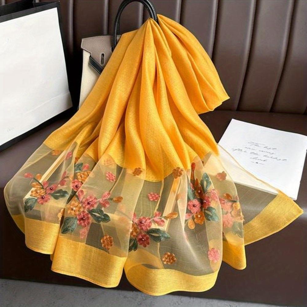 Элегантный шелковый шарф с цветочной вышивкой для женщин, стильная пляжная шаль с бисерной отделкой для защиты от солнца, богемный ветрозащитный маст-хэв