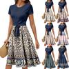 Women's Casual Fashion Belted Vintage Printed Short Sleeve Round Neck Elegant Dress