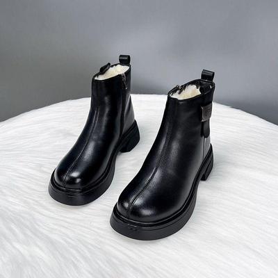 Женские ботинки мартин из натуральной кожи на толстой подошве - Водонепроницаемые, на меху, Нескользящие, Зимние короткие ботинки