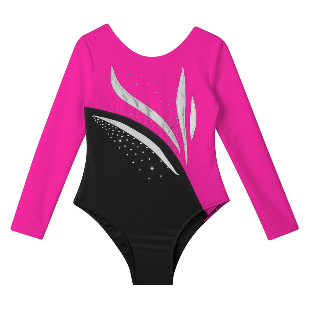 Children Girls Stylish Leotards Round Neckline Shiny Rhinestone Jumpsuit Gymnastics Skating Bodysuit