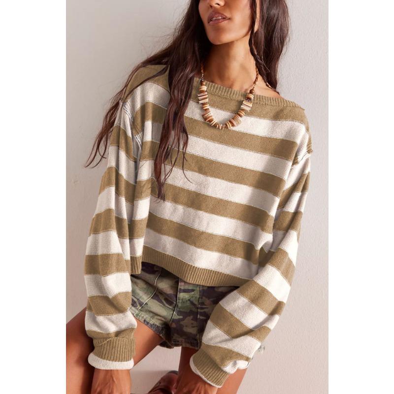 Женский осенне-зимний пуловер, свободный полосатый короткий вязаный свитер