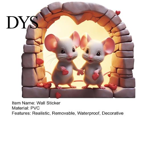 Peel Stick Animal Decals Mouse Hole Wall Decal, 3D Illusion Couple Mice Stickers, Removable Waterproof Adhesive and Art for Bedroom Staircase