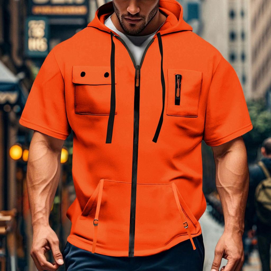 Men's Casual Short-sleeved Sweatshirt. Loose And Breathable Solid-color Sweatshirt Jacket With Multiple Pockets And A Zipper.