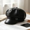Versatile Leather Painter Hat Keep Warm Octagonal hat Fashion PU Beret Cap  Daily