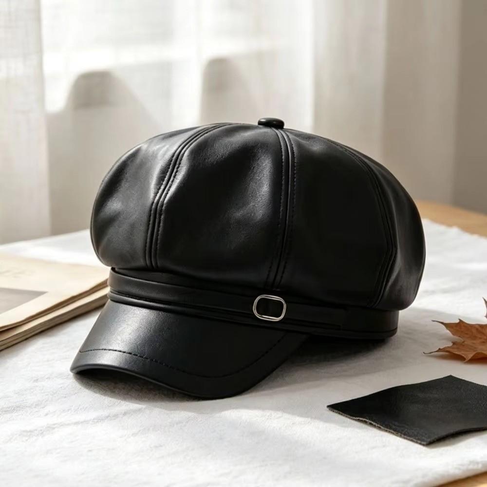 Versatile Leather Painter Hat Keep Warm Octagonal hat Fashion PU Beret Cap Daily