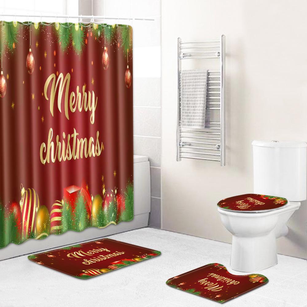 Christmas Bathroom Shower Curtain Toilet Floor Mat Four-Piece Bathroom Non-Slip Door Mat Kitchen Bedroom Absorbent Carpet