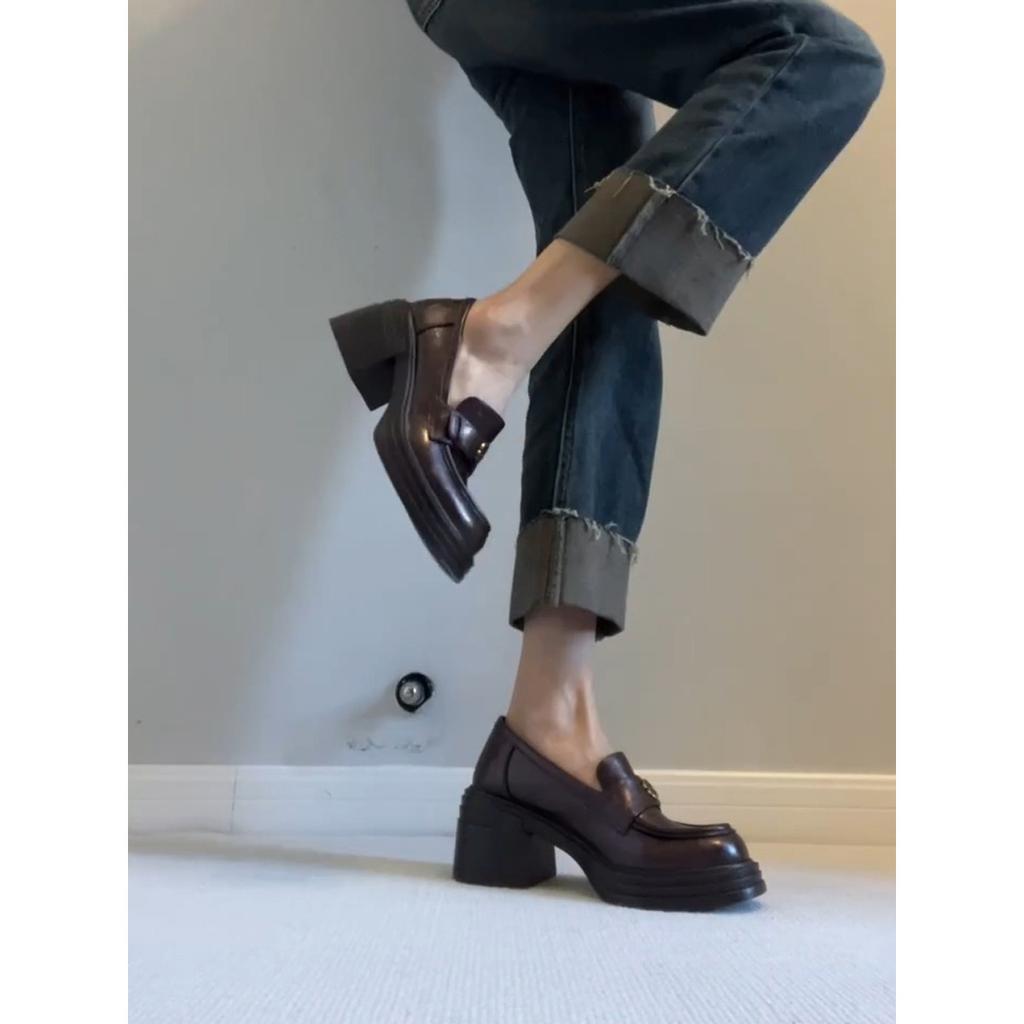 Cowhide Version~ High-heeled Loafers Retro Camellia Round Head Thick Sole One-pedal Small Leather Shoes Commuting Thick Heels Single Shoes