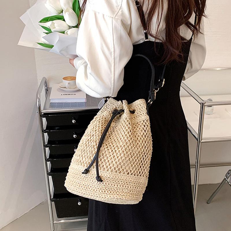Летняя плетеная соломенная сумка-ведро для женщин Простая пляжная сумка через плечо на шнурке