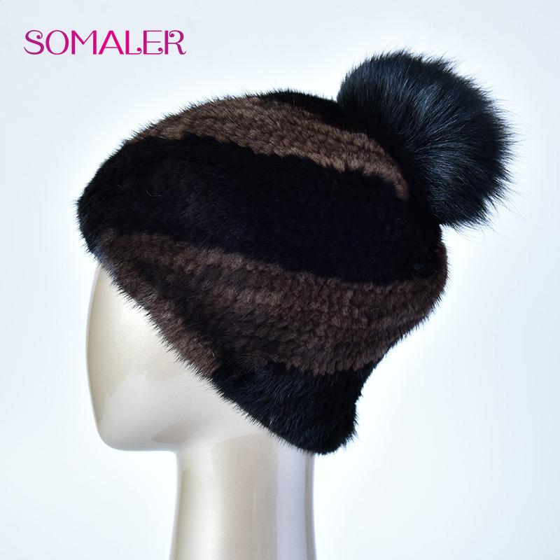 SOMALER Зимние женские шапки из норки, вязаные шапки из норки премиум-класса, женские шапки с меховым помпоном