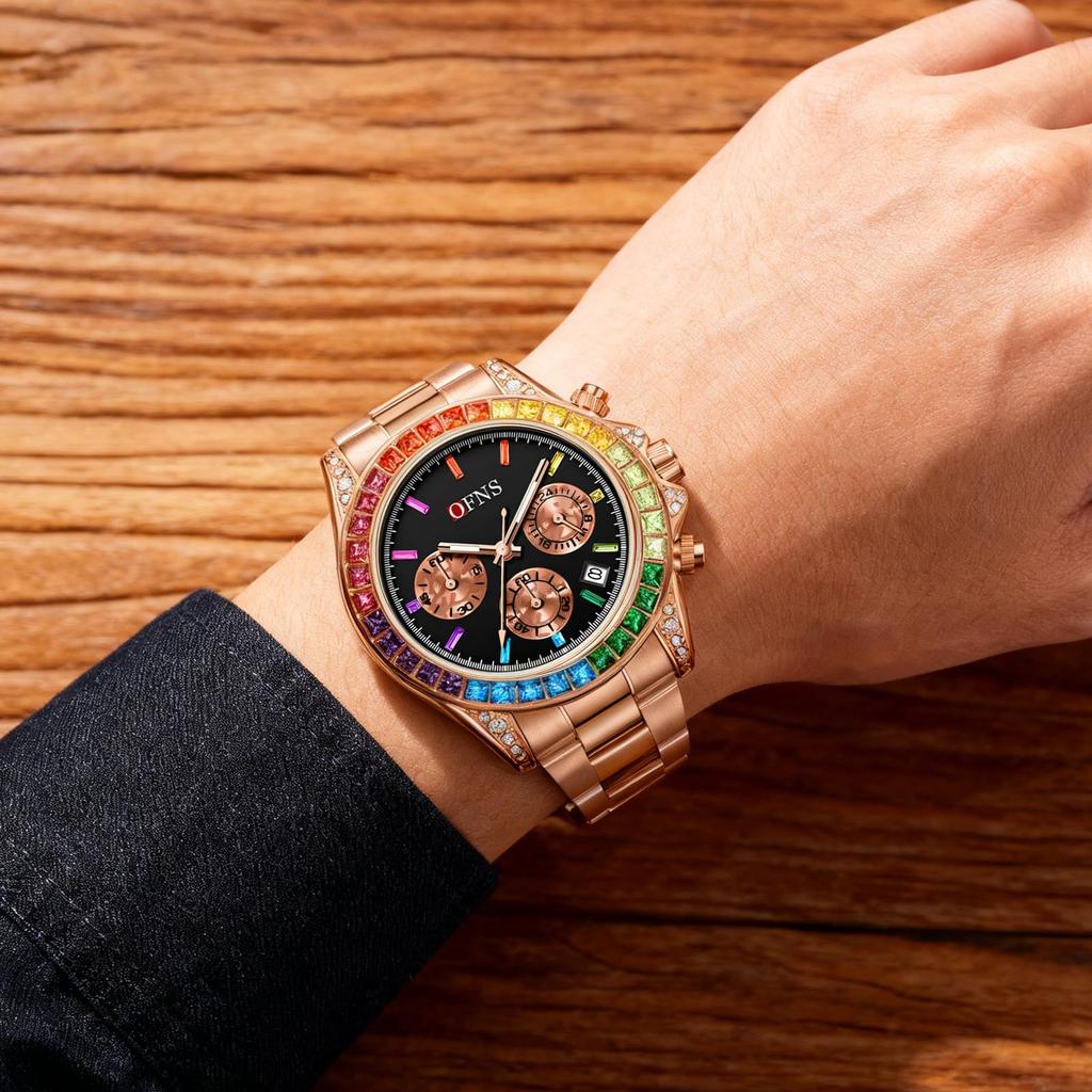 Rainbow Diamond Chronograph Men's Watch Six Pin Quartz Movement Waterproof Calendar Night Light Luxury Men's Watch