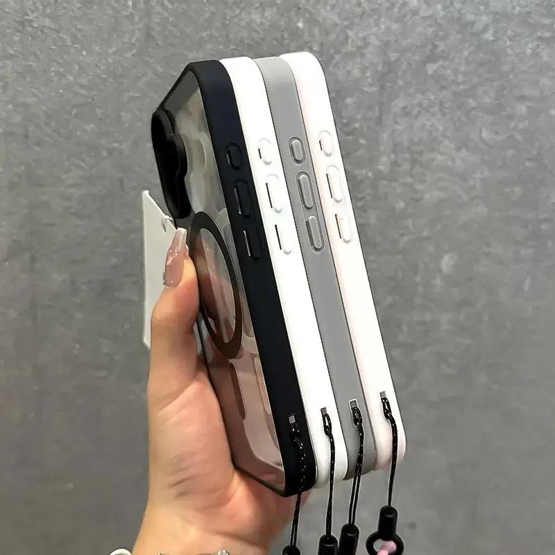 Роскошный прозрачный чехол для Magsafe со шнурком для iPhone 17 Pro 16 15 14 13 12 11 Pro Max, противоударный бронированный чехол с ремешком на запястье