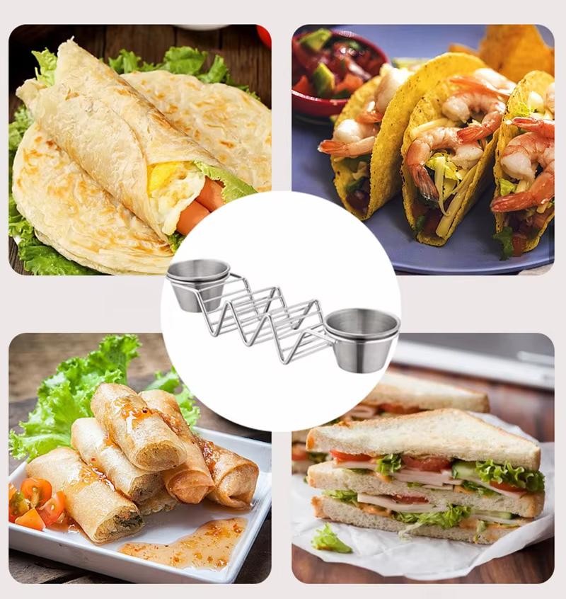 Набор держателей для тако из нержавеющей стали, подставка-держатель для тако с 2 соусницами, подставка для тако, вмещает 3 тортильи, кухонный гаджет
