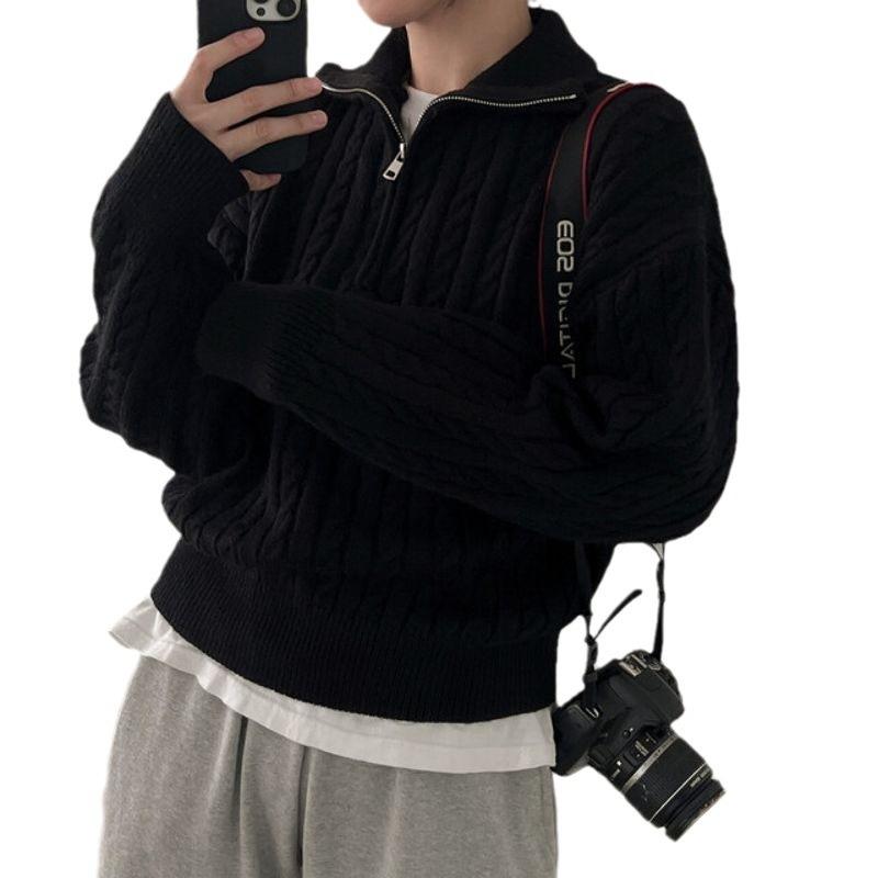 Вязаный свитер пуловер в стиле ретро с косами для женского осенне-зимнего сезона, новый повседневный топ с длинными рукавами и молнией для женщин