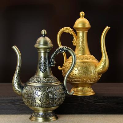 Китайский горшок для вина из чистой меди, латунный рельефный горшок для вина Байфу, старинный старинный домашний декор в старинном стиле, украшение в дворцовом стиле