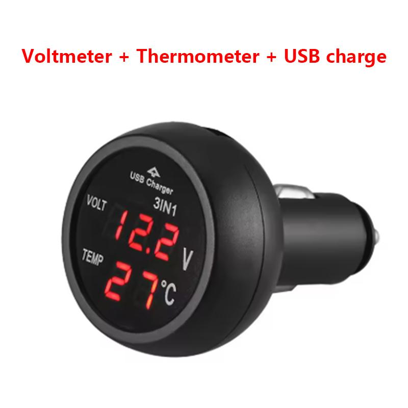 Автомобильное зарядное устройство 3-в-1 12/24 В Вольтметр Термометр USB-зарядка Переключатель Автоматический Светодиодный Цифровой Монитор Дисплей Амперметр Детектор напряжения