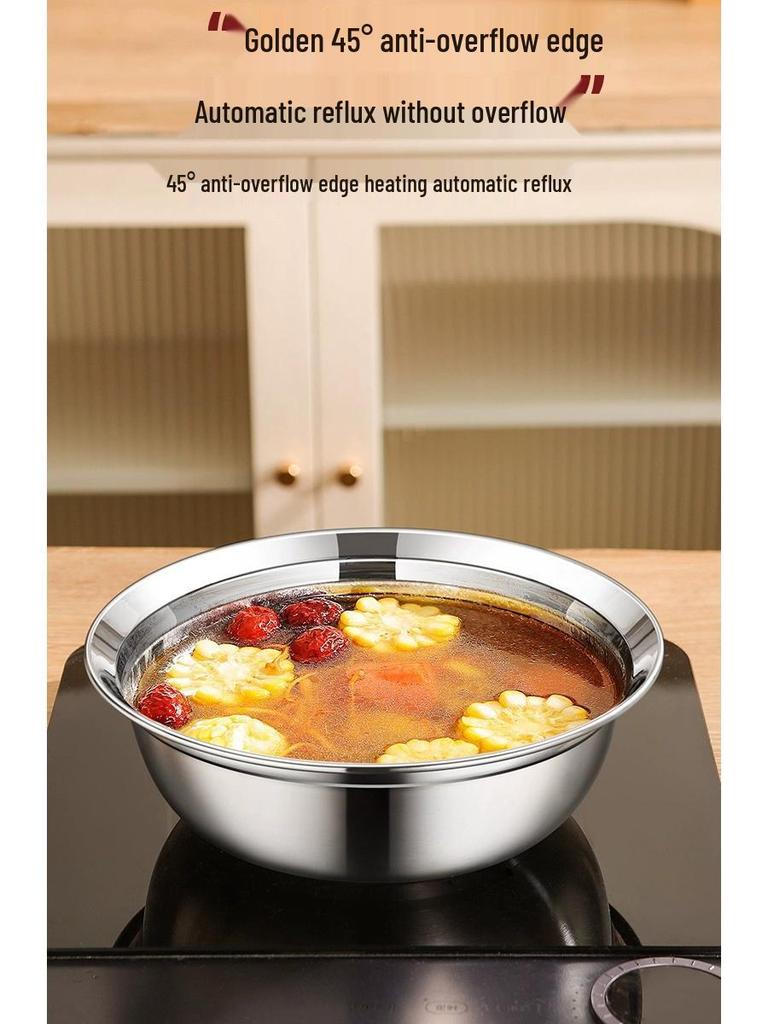Food Grade 316 Stainless Steel Deep Round Bowl with Beveled Edge - Anti-overflow, Perfect for Soup and Rice