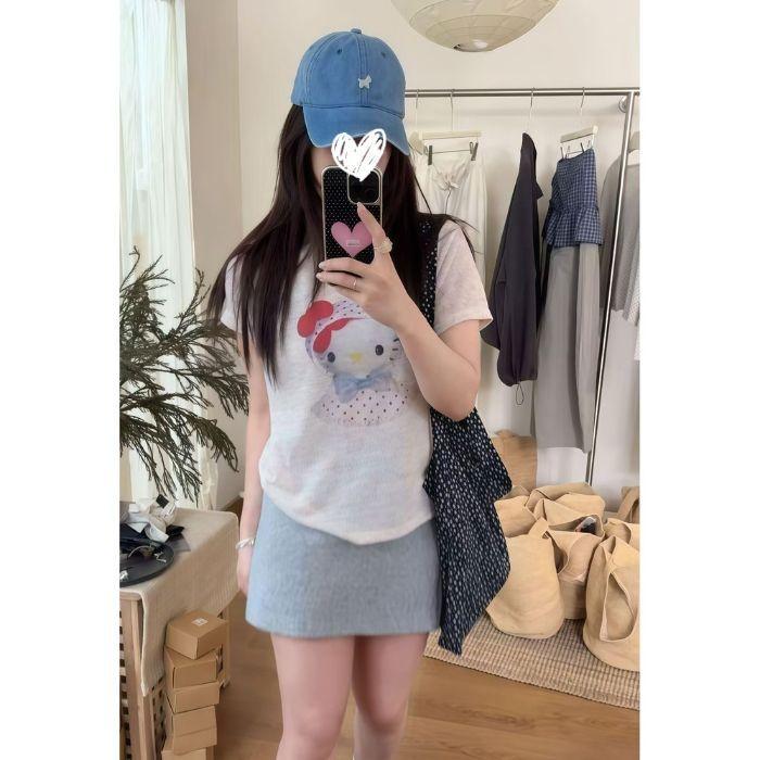 Korean cartoon printed short-sleeved t-shirt summer women's clothing new foreign style age-reducing front shoulder crew neck versatile top