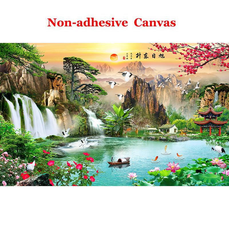 3D Mural Wallpaper Chinese Waterfall Sunrise Beautiful Scenery Photo Wall Painting Living Room Study Tourist Scenic Spot Background Wall Decor Fresco