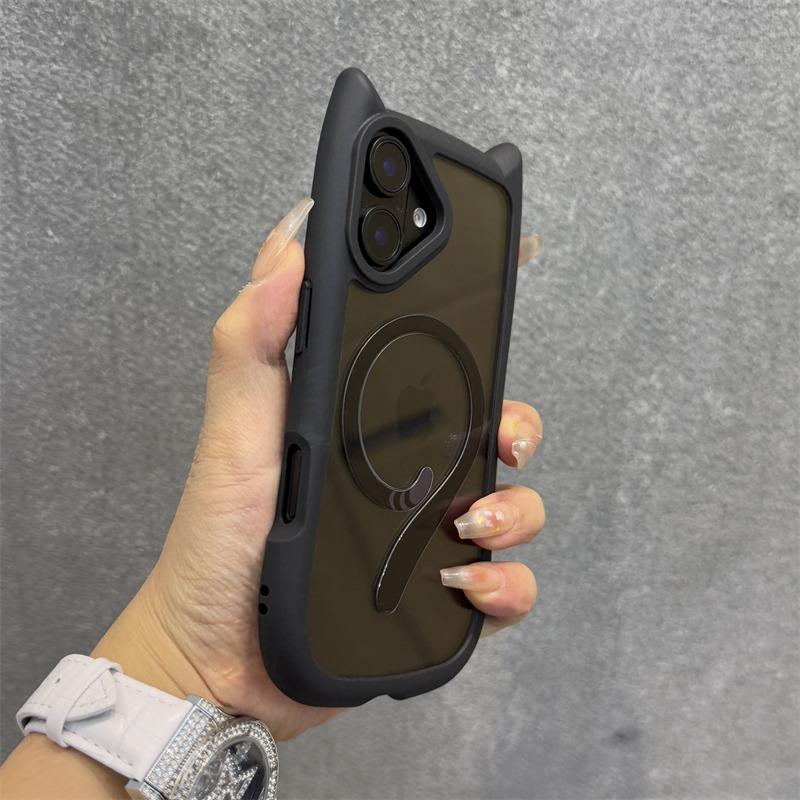 Милый чехол Magsafe с кошачьими ушками для iPhone 13 14 15 16 Pro Max 11 12 15 16 Plus Прозрачная бронированная крышка из ПК и ТПУ с цепочкой-ремешком на запястье