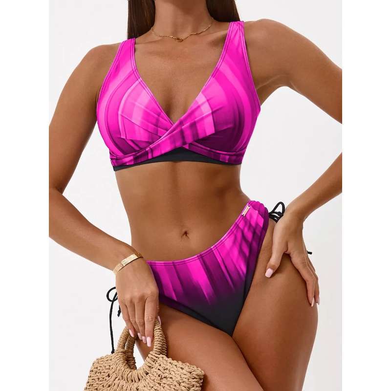 New high-waisted lace-up bikini rose red gradual change print cross slim swimsuit women's fashion vacation swimsuit