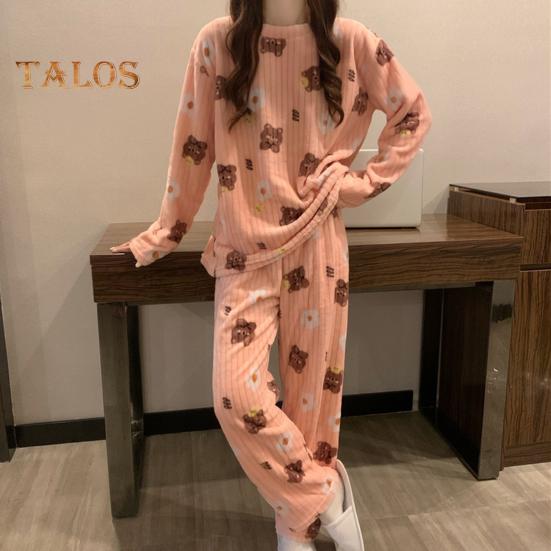 2 шт./комплект Женская зимняя пижама с круглым вырезом и рисунком медведя и персика, длинный рукав, коралловый флис, домашняя одежда, топ и штаны, комплект, свободная домашняя одежда для женщин