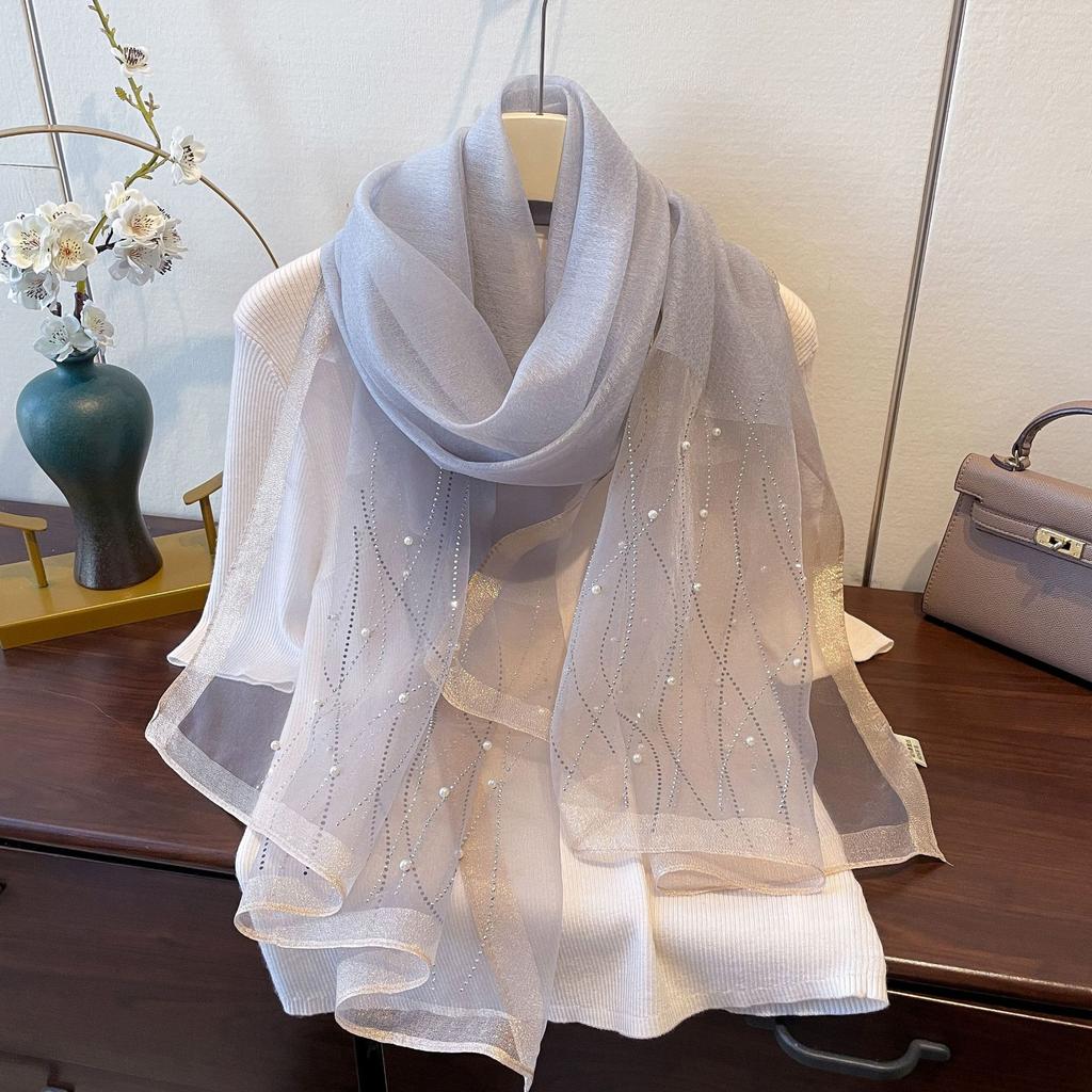 New Fashion and Versatile Solid Color Ethnic Style Veil Scarf Scarf for Women Wavy Pattern Artificial Diamond Iron Scarf for Women