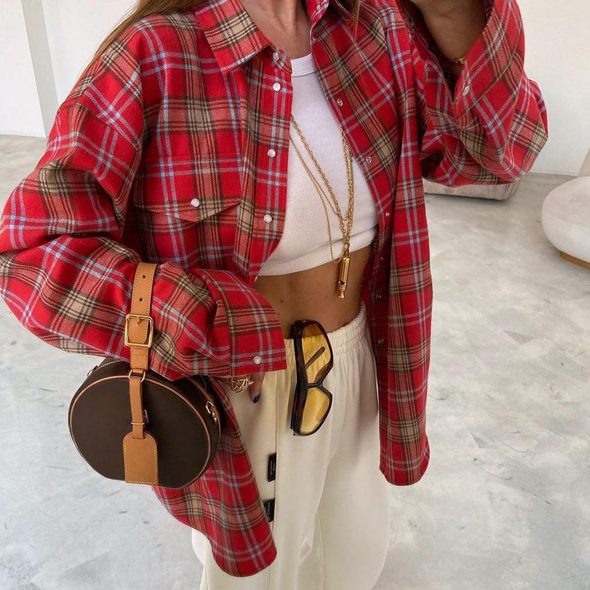 1116 American street red plaid shirt women's design sense stacking long long-sleeved shirt loose casual women's clothing