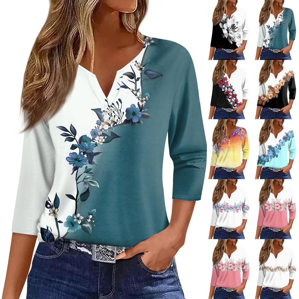 Women's T Shirt Tee Print Button  3/4 Sleeve Daily Weekend Fashion Basic V- Neck Regular Top