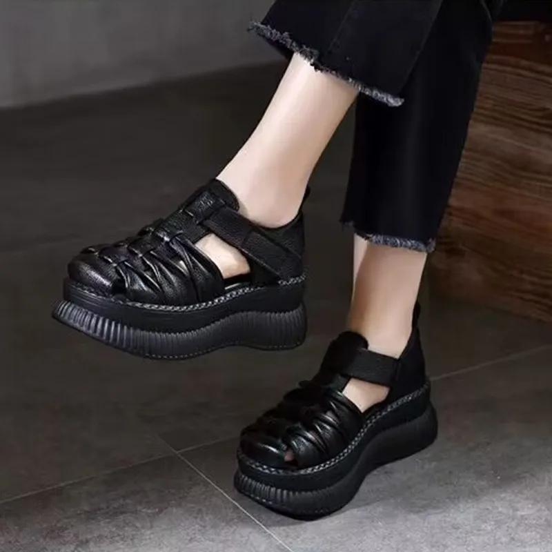 2024 Новая мода ретро летняя обувь женские босоножки на танкетке ручной работы из натуральной кожи полые повседневные сандалии женские черные