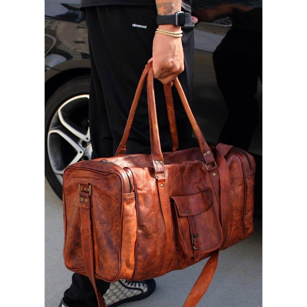 NEW 24" Men Genuine Goat Leather Brown Duffel Travel Gym Weekend Overnight Bag