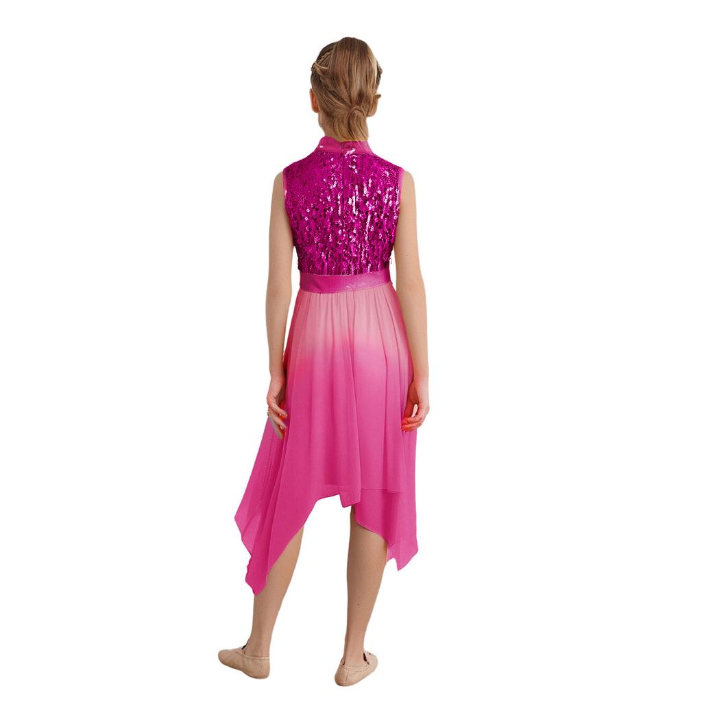 Girls Worship Dance Dress Mock Neck Sleeveless Asymmetrical Hem Shiny Sequins Bodice Liturgical Costume