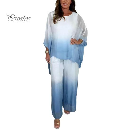Summer Chiffon Gradient 2 Piece Set for Women Plus Size Crew Neck Top Wide-leg Pant Set Casual Loungewear Outfit