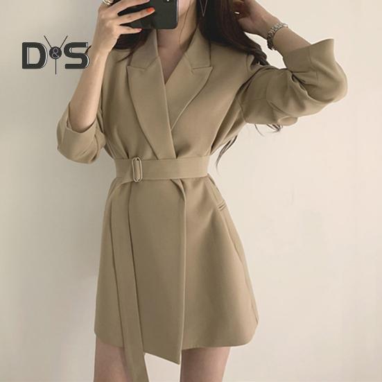 Женский пиджак с лацканами, длинным рукавом, поясом, пиджаком с боковыми карманами, однотонный, свободный крой, офисная женская верхняя одежда