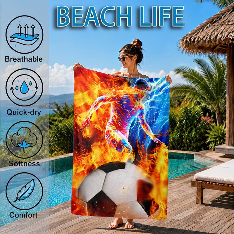 Football Player In Flames Beach Towel, Microfiber Beach Towel, Perfect For Pool, Beach, Travel, Home Decor Beach Party Fan gifts