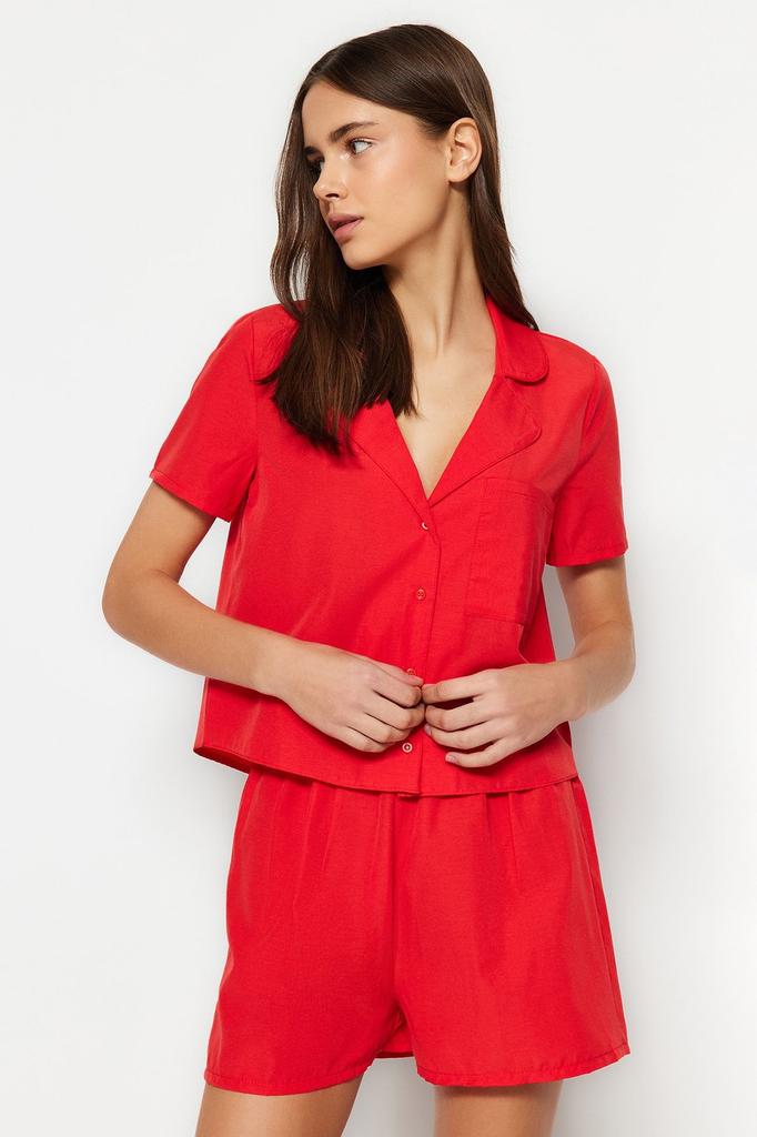 Women's Fashion Green Terrycotton Shirt-Shorts Woven Pajama Set