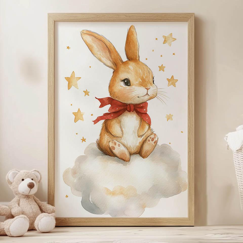 Plakat Uroczy Króliczek Na Chmurce Plakat Uroczy Króliczek Na Chmurce, 70X100 Cm, Bez Ramy, Płótno Premium Na Blejtramie