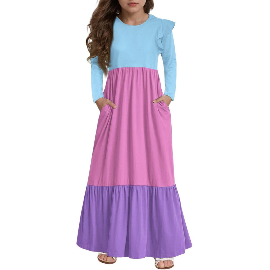 Girls' Tiered Ruffle Dress - Long Sleeve Printed Maxi With Pockets
