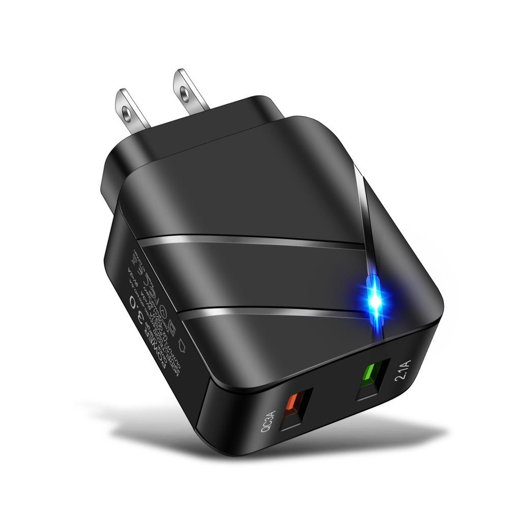 Светящийся двухпортовый USB-быстрозарядное устройство QC3.0+2.1A для стандартов США/ЕС
