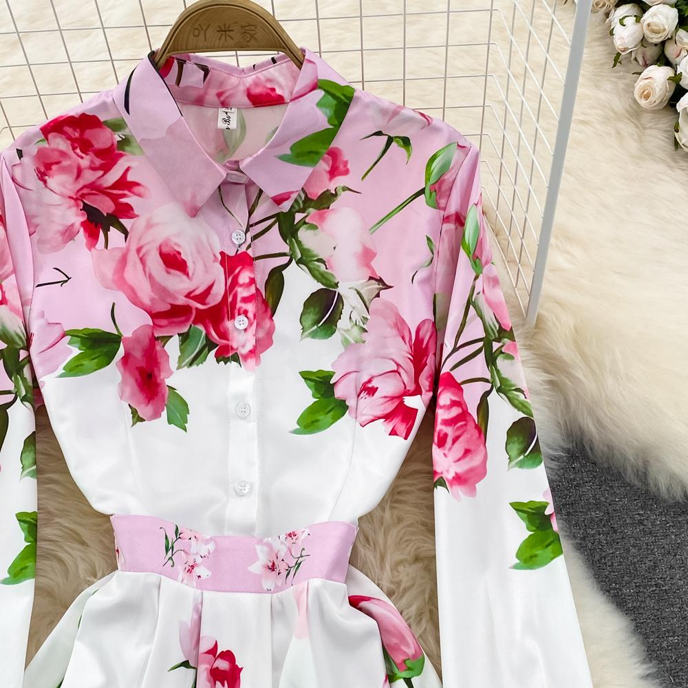 Весеннее европейское и американское модное платье трапециевидной формы с отворотом на талии и принтом, элегантное длинное платье с длинными рукавами