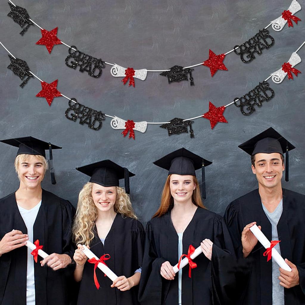 Black and Red Congrats Grad Banner Graduation Decorations Class of 2026 Glitter Star Grad Cap Certificate Bunting Garland for Graduation Party
