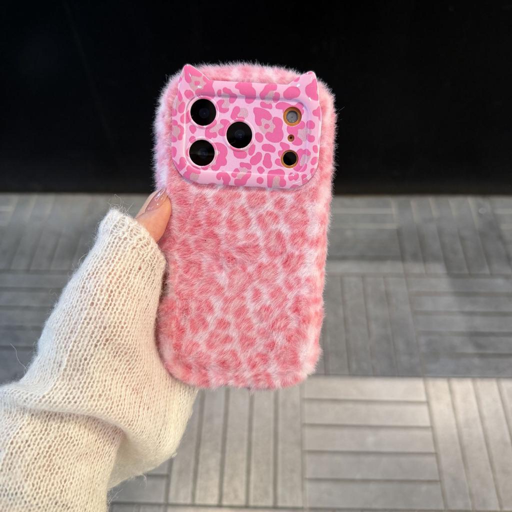 Милый кот с леопардовым принтом Подходит для чехла на телефон iPhone 17 Pro Max, iPhone 16 Девочка 15 Плюшевый 14 Осень/Зима 13