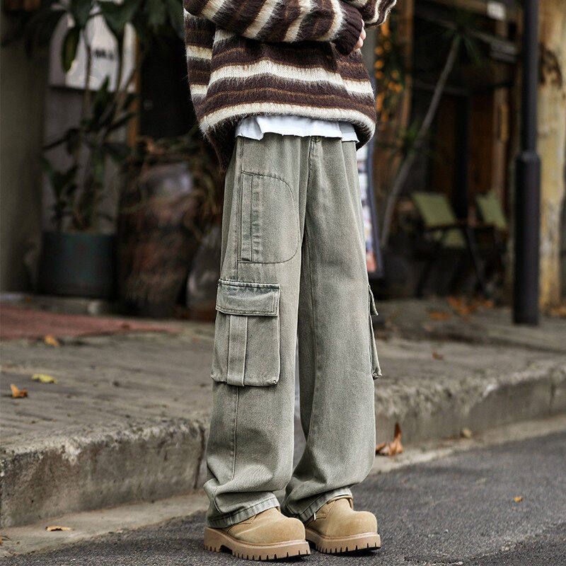 Fornines Men's Vintage Casual Workwear Jeans, Hong Kong Style, Fourth Ninety Day Men's Wide-Leg Pants