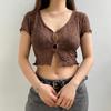 Women Retro Perspective V-neck Hollowed Cardigan T-shirt Tops Fashion Agaric Edge Short Bare Navel Top