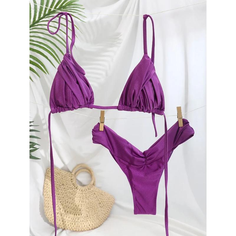 Плиссированный бразильский комплект бикини, сексуальные микробикини, женский купальник 2023 года, женский купальник-треугольник, пляжная одежда, купальный костюм