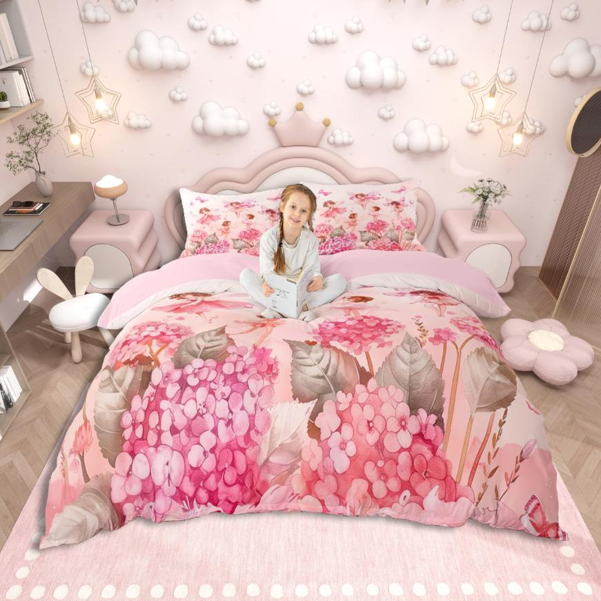 Homewish Милый мультяшный эльф Набор пододеяльника, Шикарный цветочный комплект постельного белья, Розовый фиолетовый белый комплект для девочек