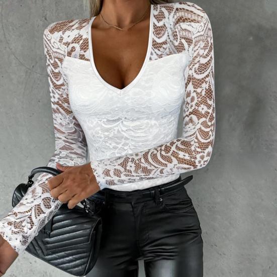Осень-весна женский топ с вырезом из кружева с цветочной вышивкой, однотонный однотонный топ с v-образным вырезом и длинным рукавом, облегающий лоскутный мягкий женский сексуальный топ